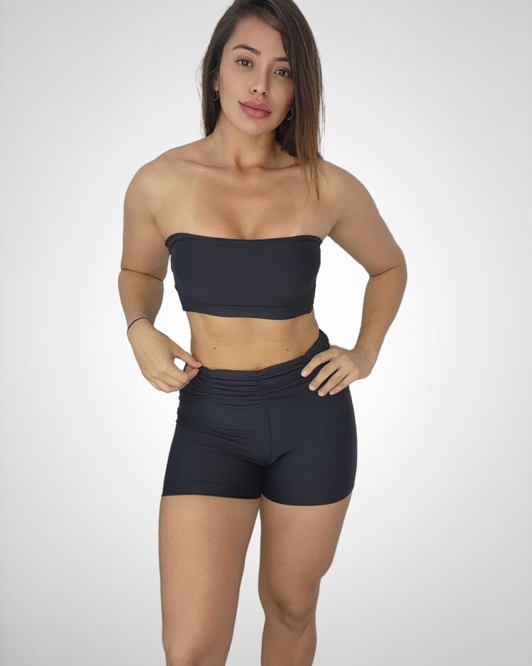 Conjunto Short Básico Cós Franzido Light Preto + Top Faixa