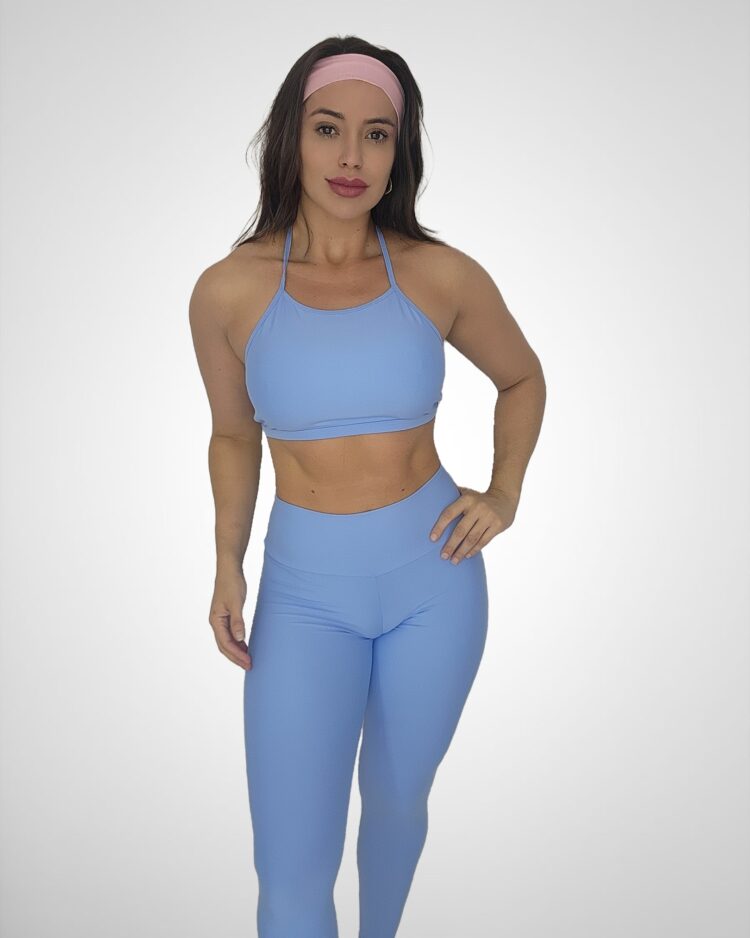 Conjunto Calça Legging Básica Light Blue Pop Candy + Top Amarração