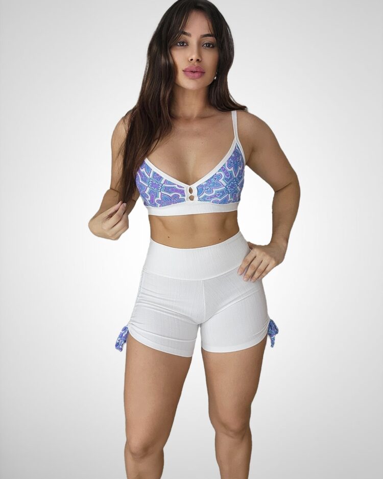 Conjunto Short Empina + Top Branco/Roxo